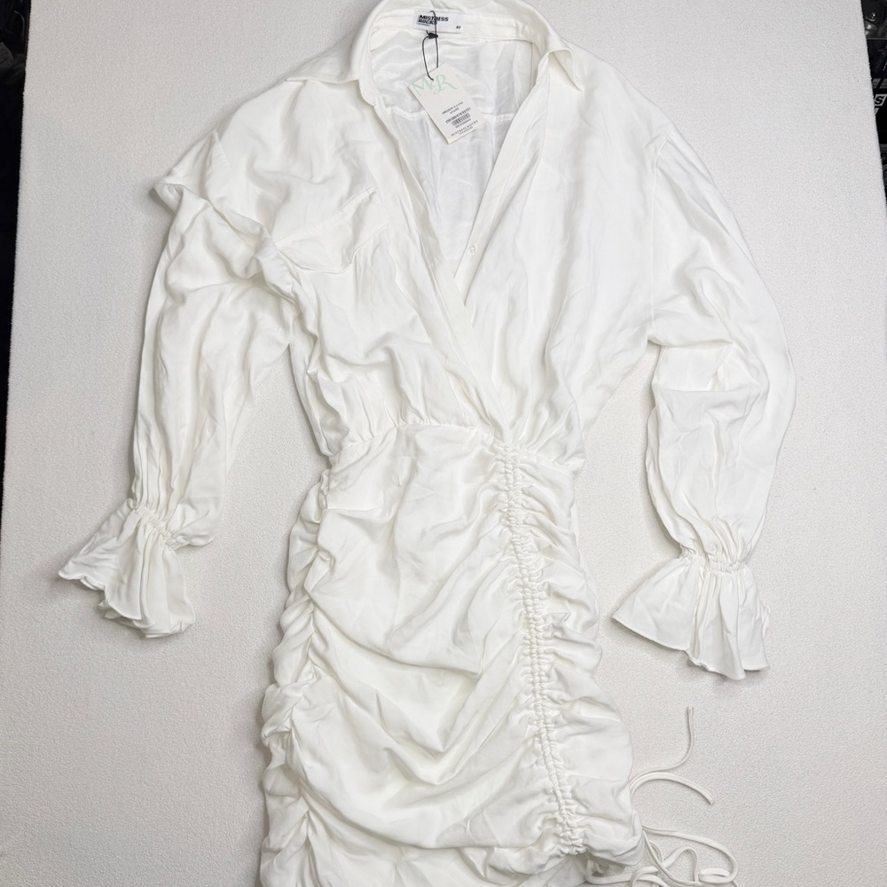 ✨NWT•Mistress Rocks | ‘ITS A WRAP’ White Draped Shirt Dress - Picture 2 of 14